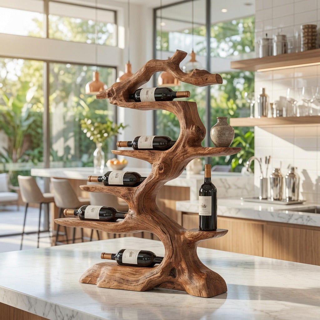 Rustic wooden wine holder adding warmth to a stylish kitchen