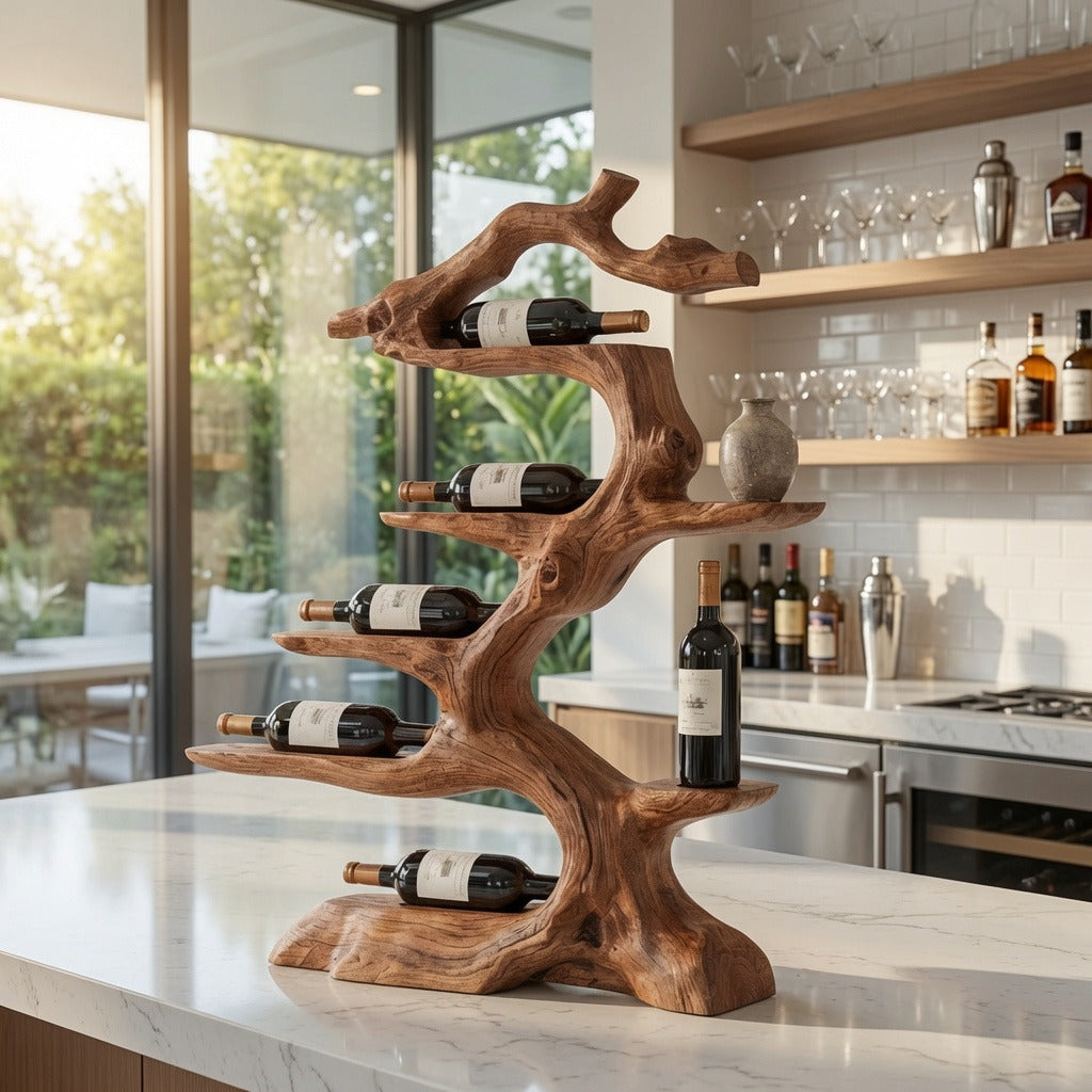 Artisan solid wood wine display shelf organizing wine bottles and décor