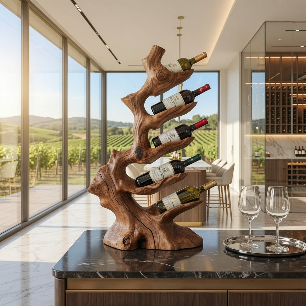 Handcrafted wooden wine display stand showcasing bottles in a farmhouse dining room