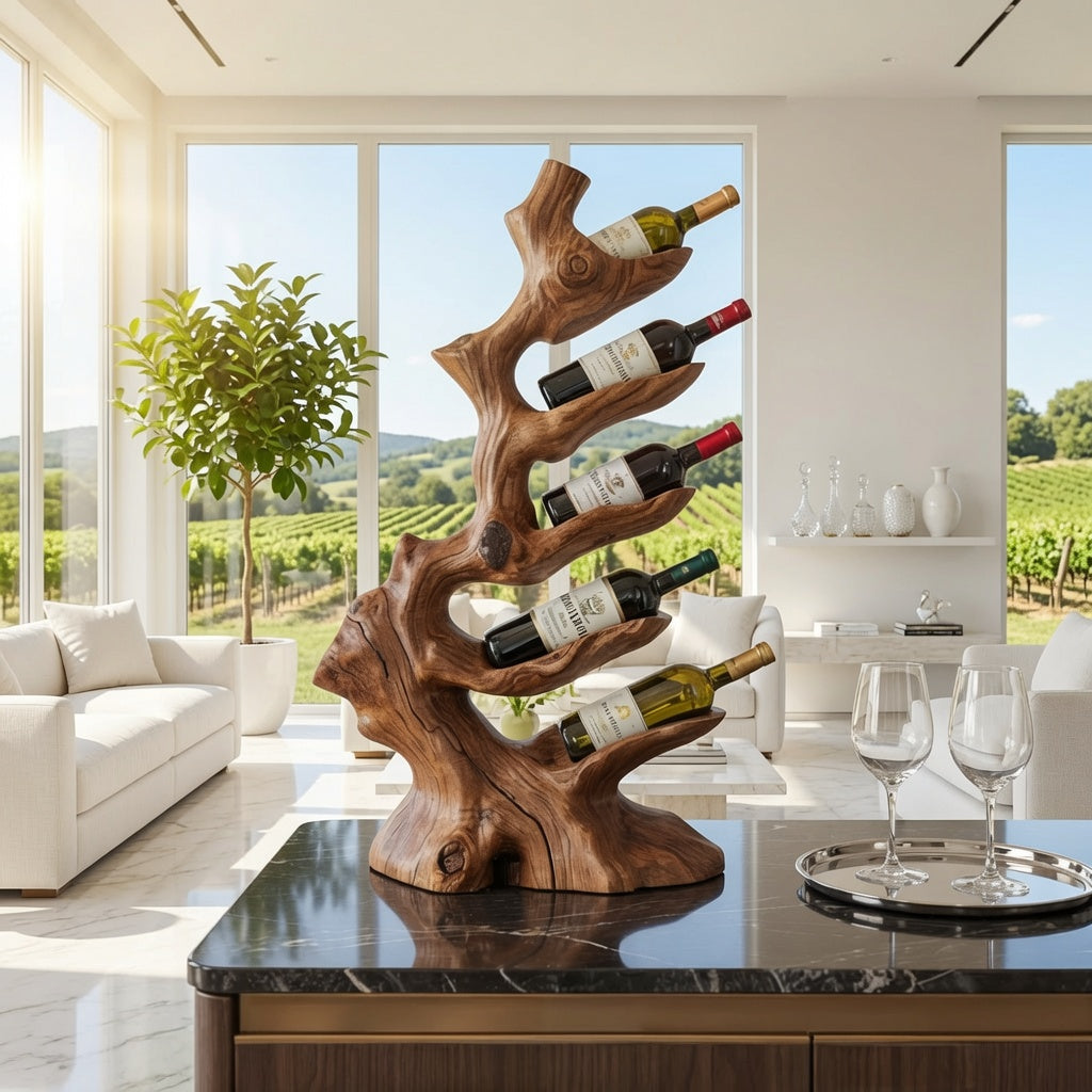 Rustic solid wood wine stand in a modern living room