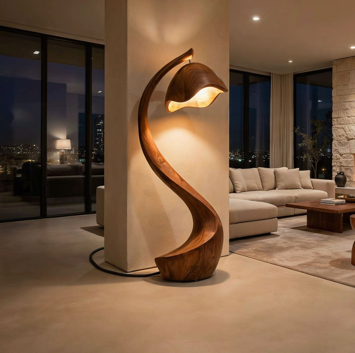 Rustic solid wood floor lamp in a cozy living room
