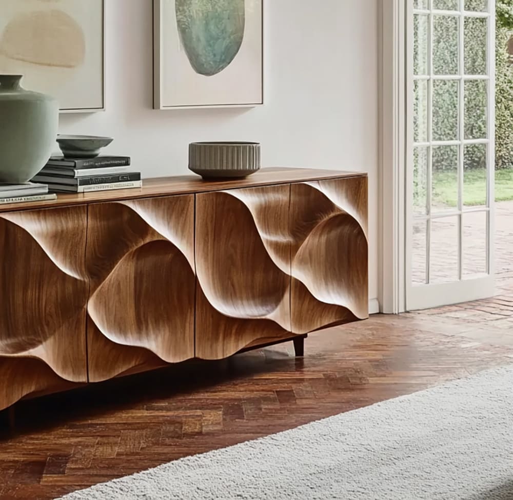 Solid wood sideboard featuring sculpted wave-pattern doors and concealed storage