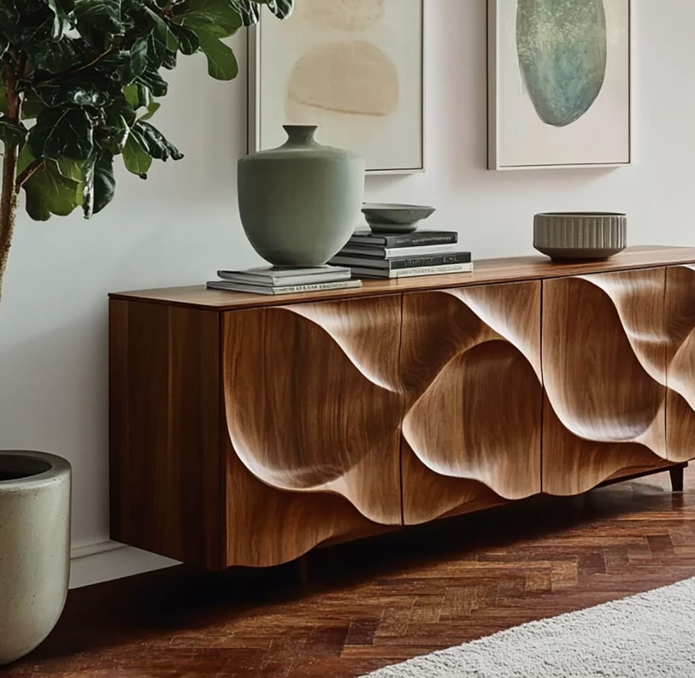 Solid wood sideboard featuring sculpted wave-pattern doors and concealed storage