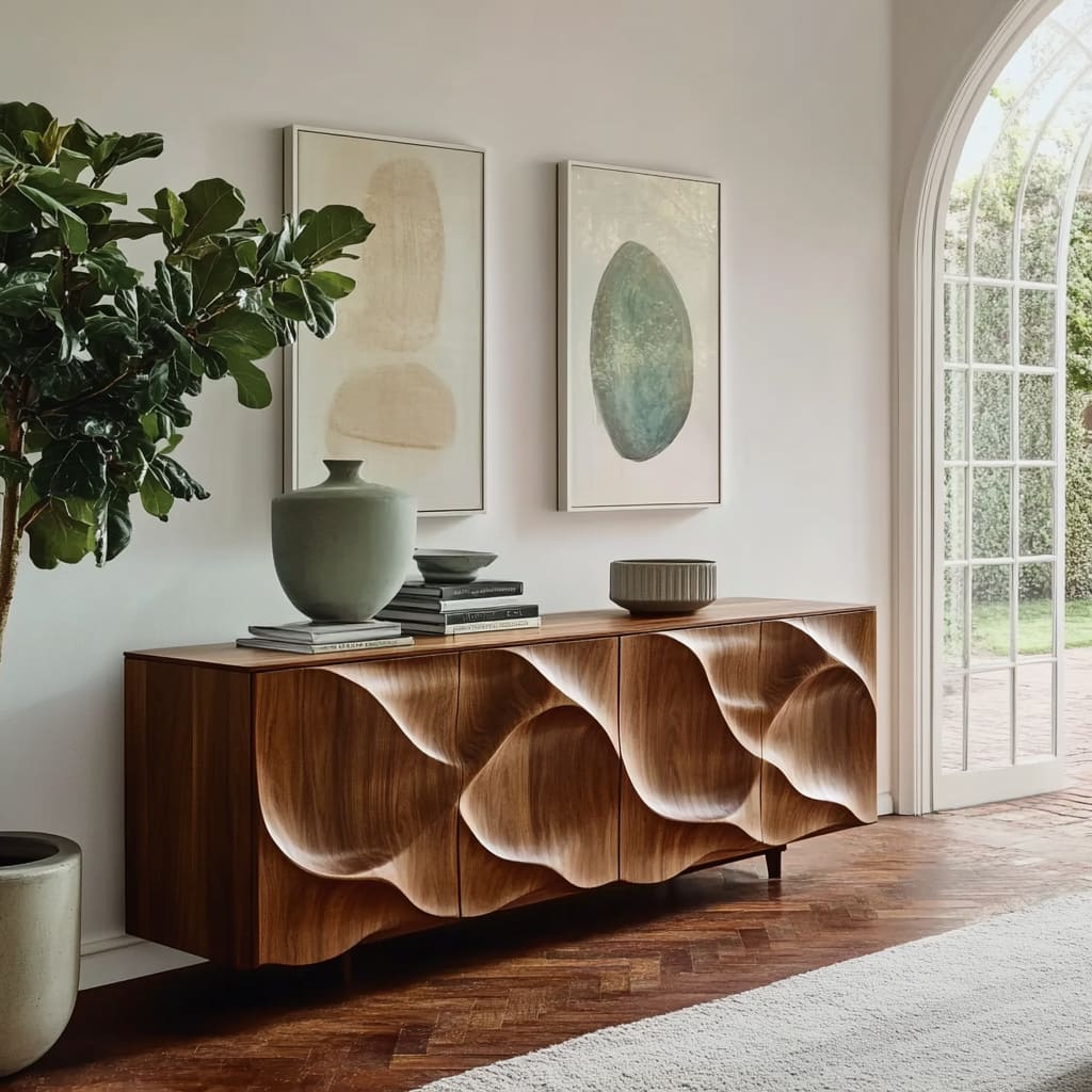 Rustic sideboard crafted from premium solid wood with undulating carved doors