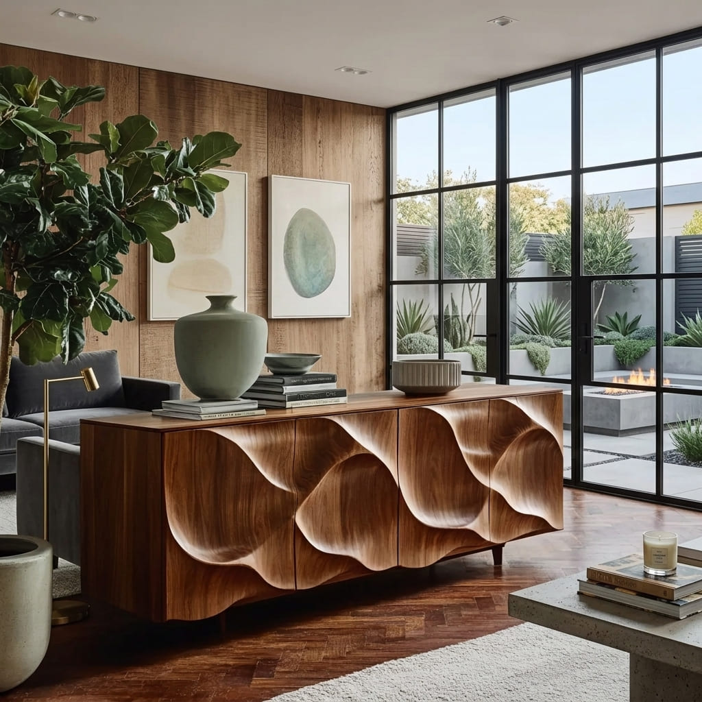 Handcrafted storage sideboard designed with flowing carved doors for living room organization