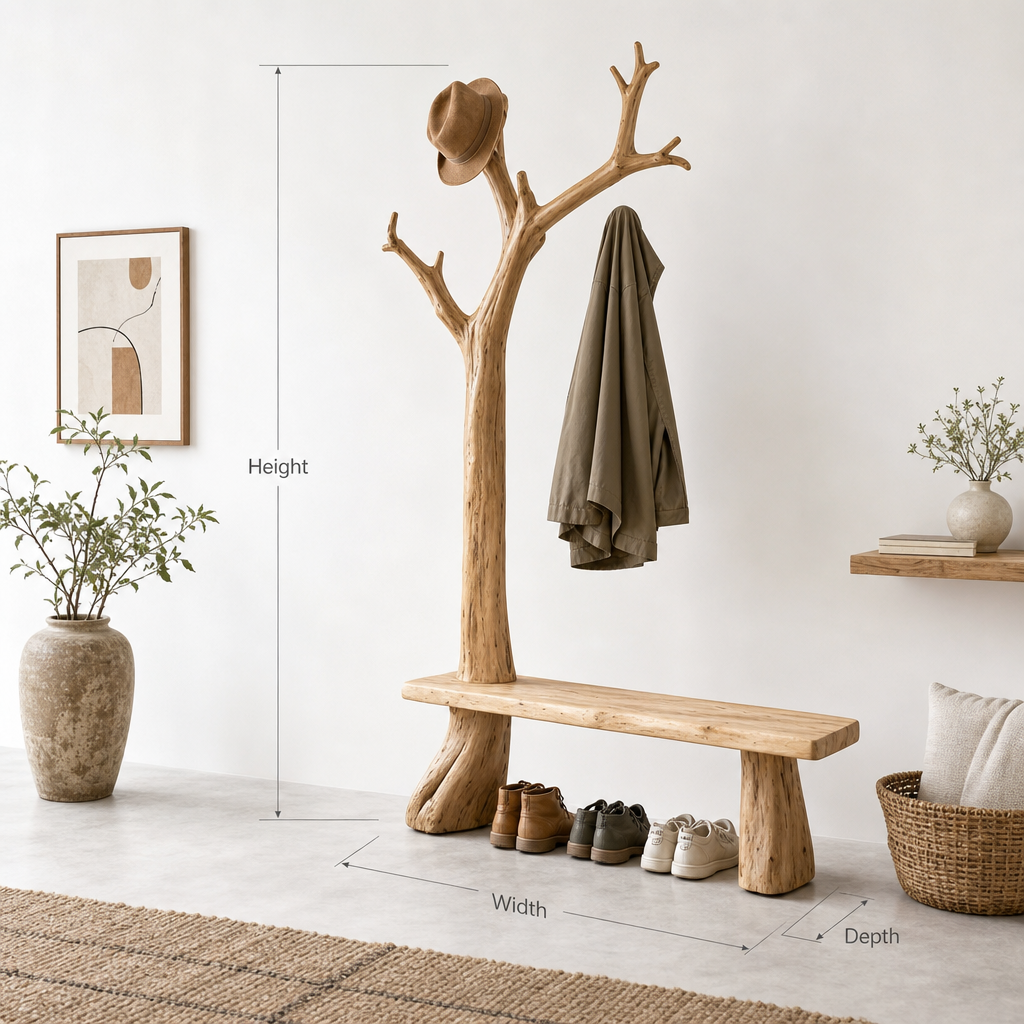 Rustic Artistic Wooden Tree Coat Stand Bench Solid Wood Entryway Interior Signature Furniture