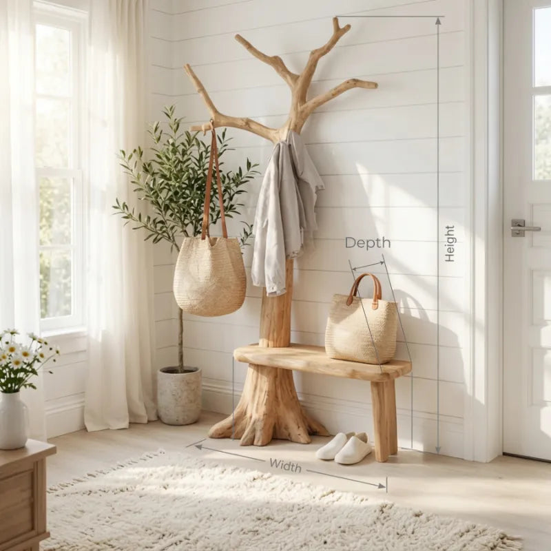 Rustic Artistic Wooden Tree Coat Stand Bench Solid Wood Entryway Interior Signature Furniture