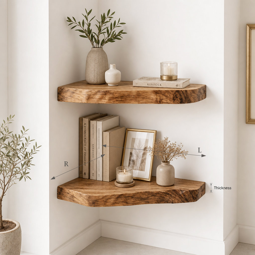 Rustic Corner Floating Shelves – Solid Wood Wall Shelves for Books, Plants & Home Decor