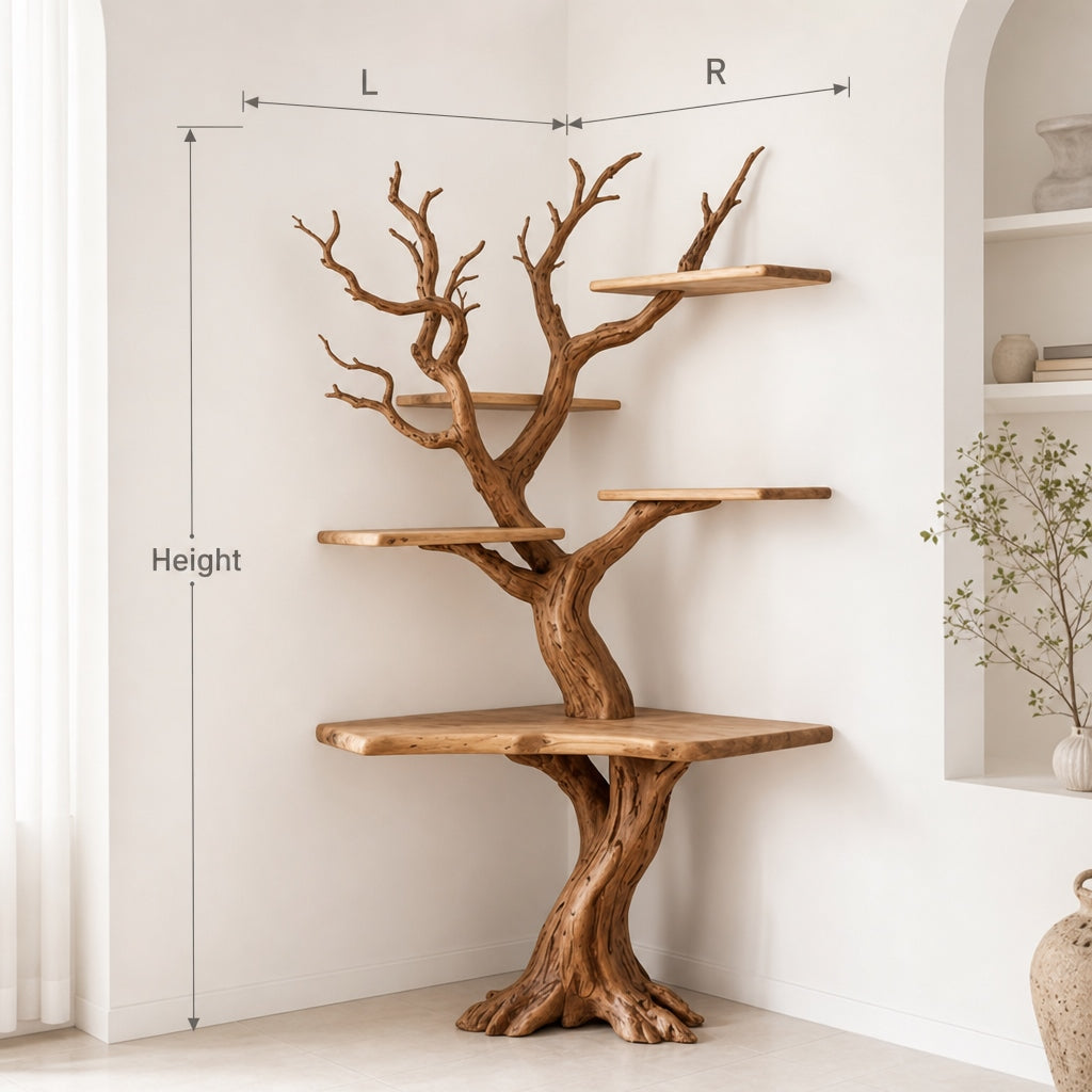 Rustic Corner Tree Bookshelf with Integrated Desk Surface
