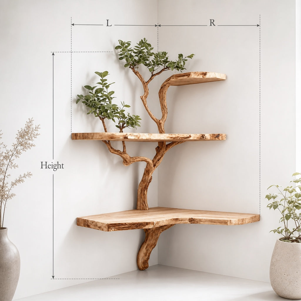Rustic Corner Tree Branch Shelf – Wooden Floating Corner Shelf