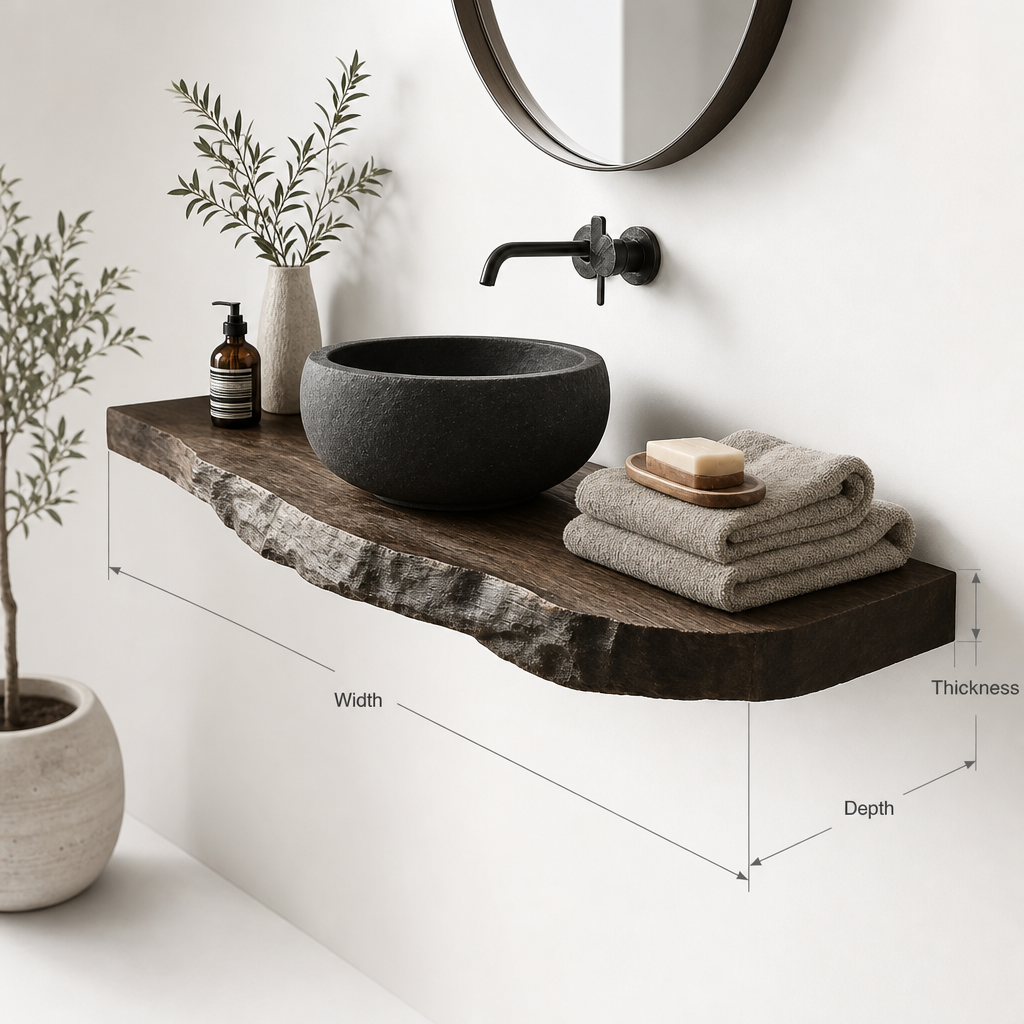 Rustic Corner Vanity Shelf – Handmade Live Edge Bathroom Shelf with Wall Mounted Brackets
