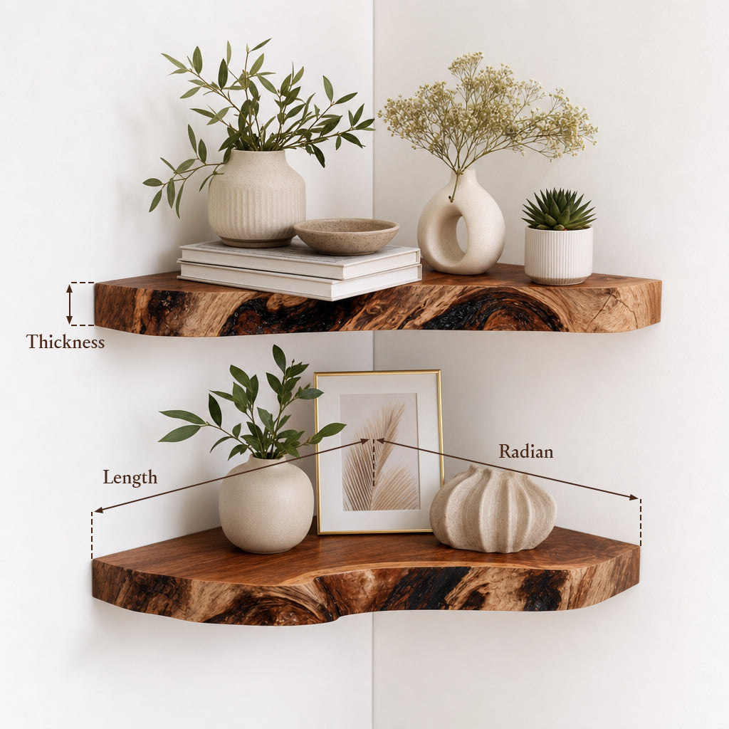 Rustic Corner Wall Shelf – Natural Live Edge Wood Floating Shelf for Candles and Plants