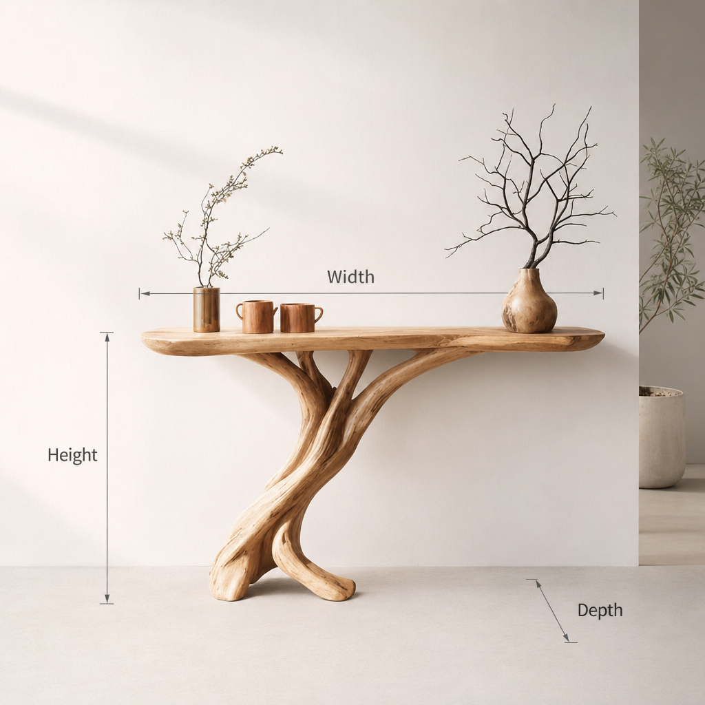 Rustic Driftwood-Style Entryway Console Table – Solid Wood Sculptural Base