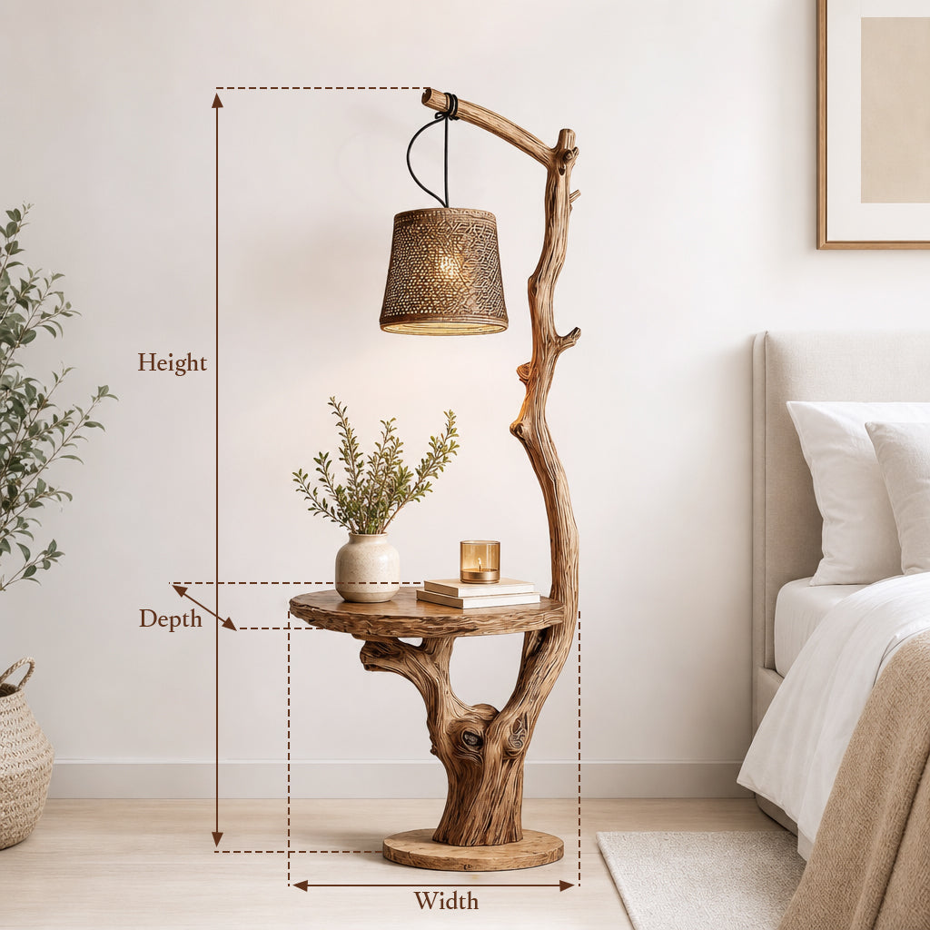 Rustic Driftwood Floor Lamp with Shelves – Handmade Wooden Standing Li