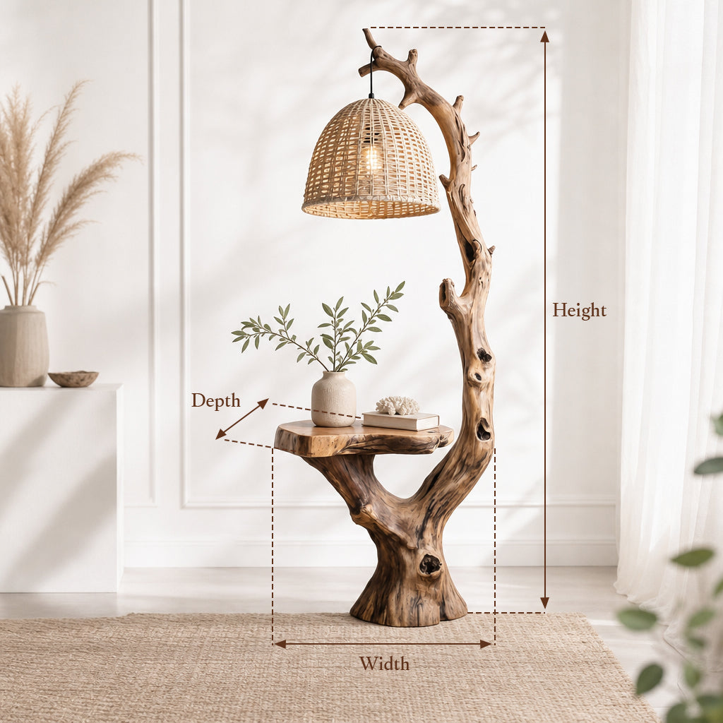 Rustic Driftwood Floor Lamp with Side Table – Solid Wood Standing Light with Rattan Shade