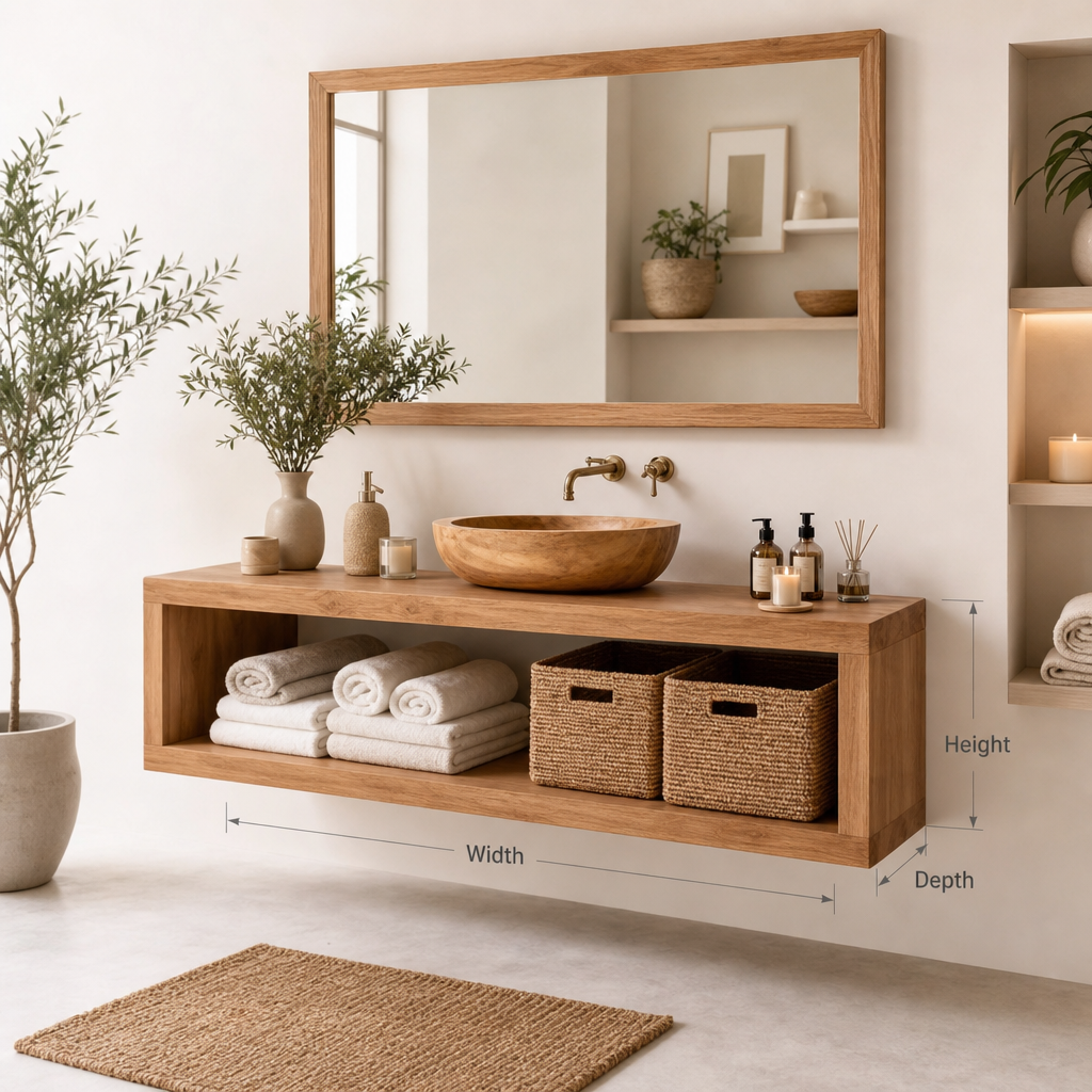 Rustic Floating Bathroom Vanity – Handmade Live Edge Solid Wood Farmhouse Cabinet with Wall Mounted Brackets