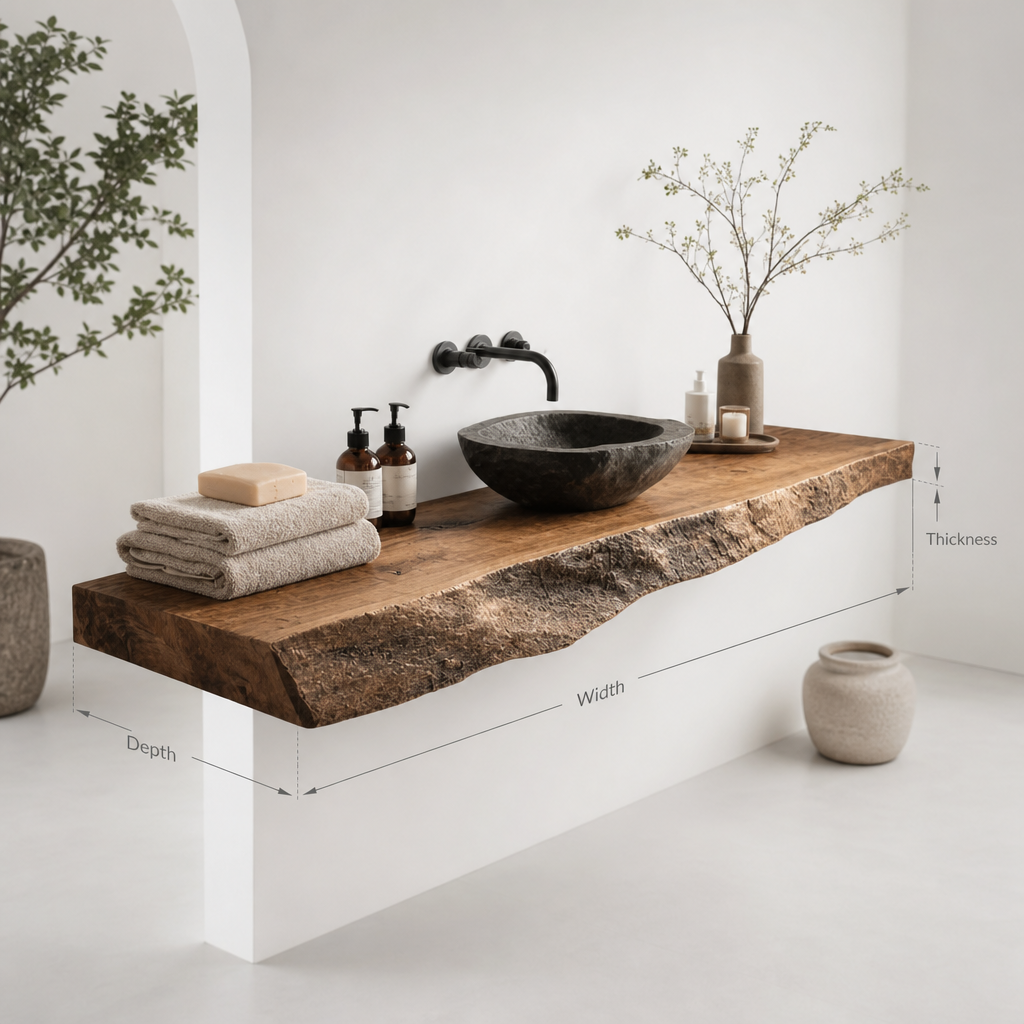 Rustic Floating Vanity Shelf – Handcrafted Live Edge Bathroom Shelf with Brackets