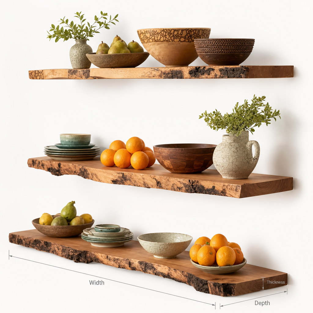 Rustic Floating Wall Shelf with Live Edge – Solid Walnut Shelf for Home Decor