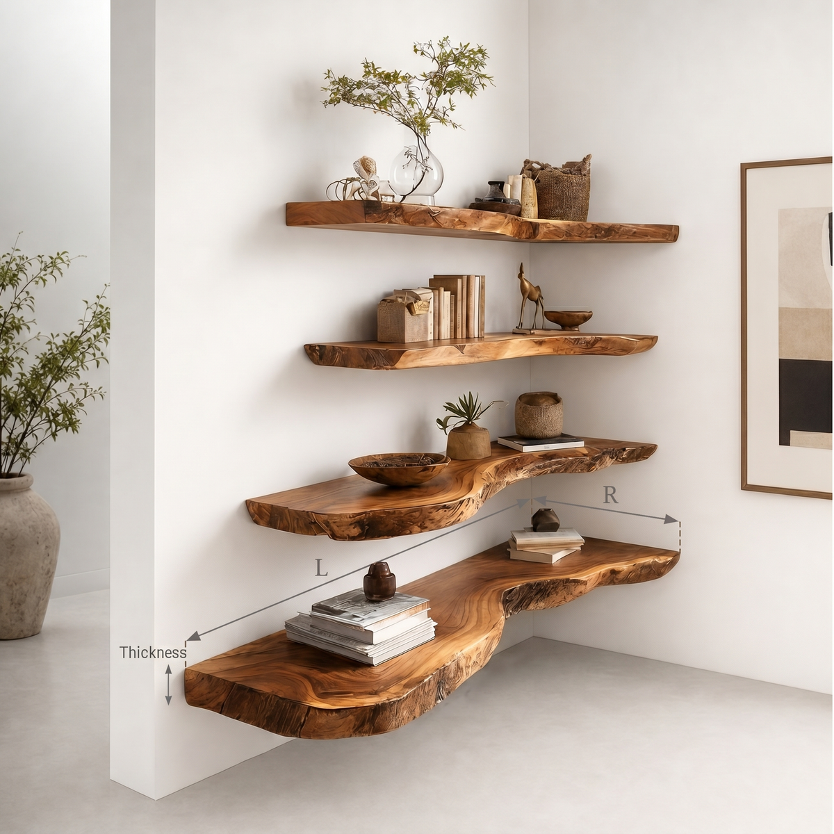 Rustic Floating Wall Shelf with Live Edge – Solid Walnut for Home Decor