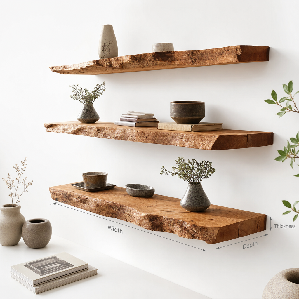 Rustic Floating Wall Shelf with Live Edge – Solid Wood Decor