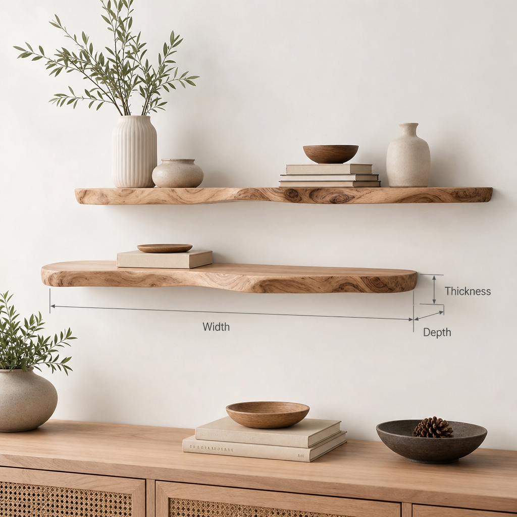 Rustic Floating Wall Shelf with Live Edge – Solid Wood for Home Decor