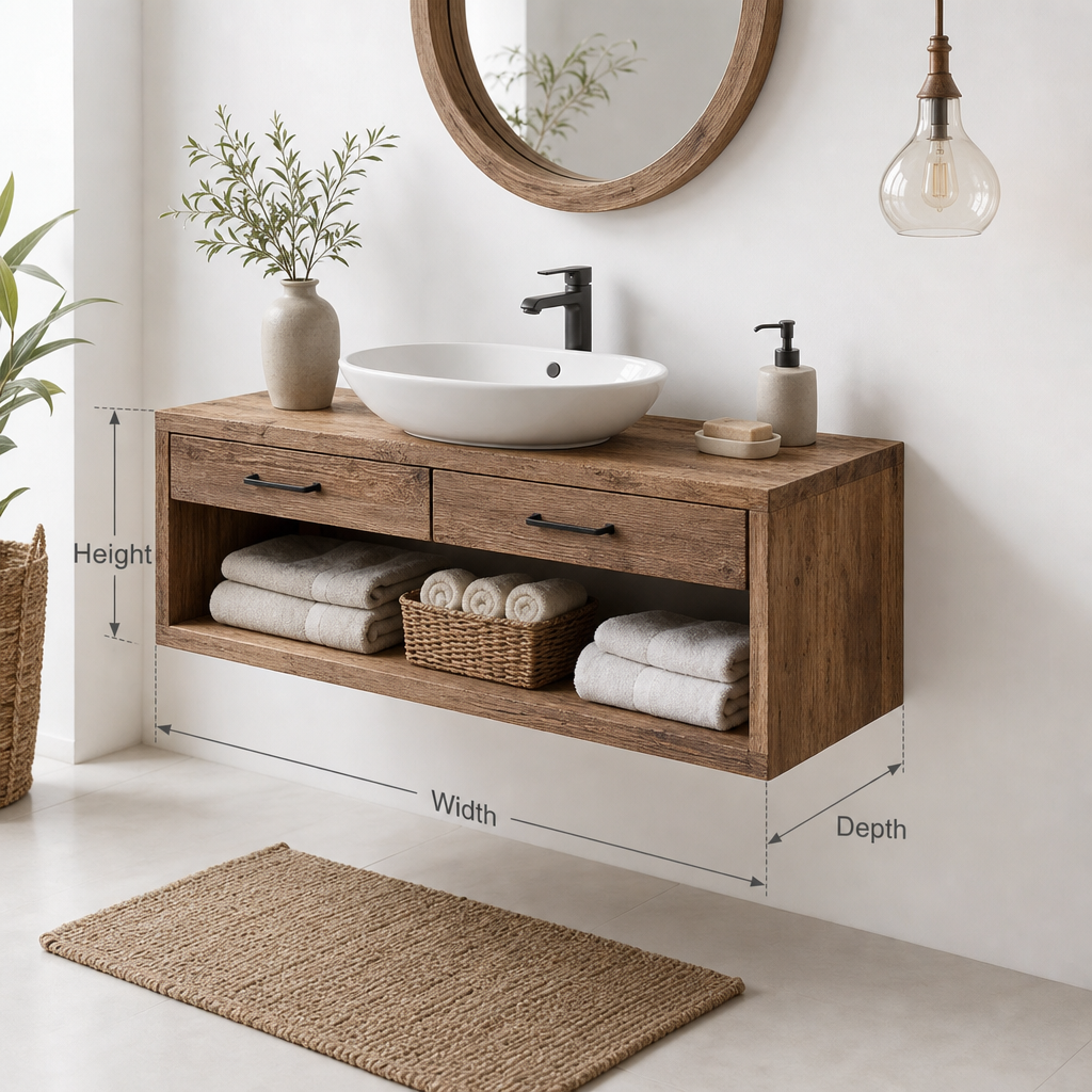 Rustic Floating Wooden Bathroom Vanity with Open Storage – Handmade Solid Wood Design