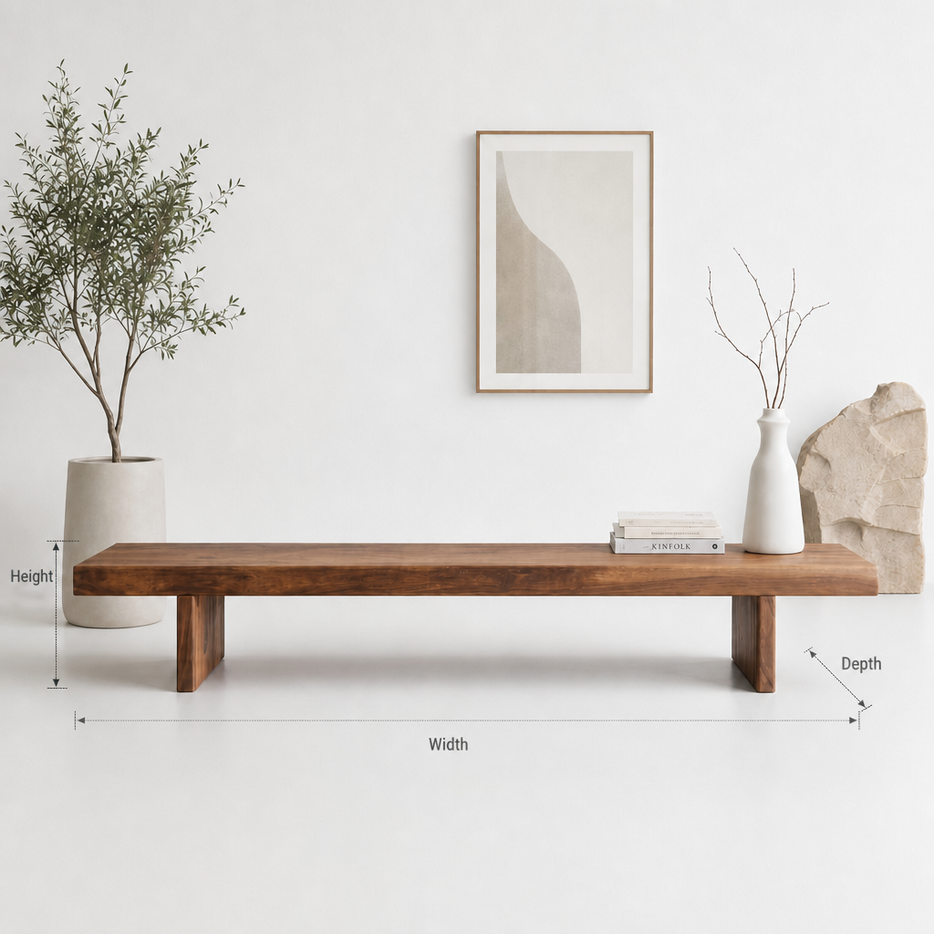 Rustic handcrafted wood bench styled for a minimalist entryway seating area