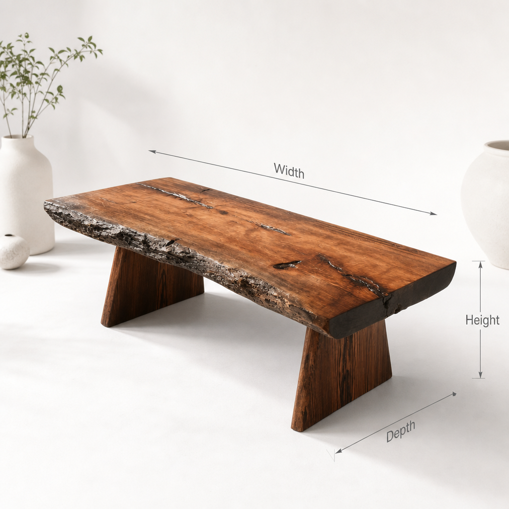 Rustic Handmade Wooden Coffee Table – Live Edge Solid Wood Farmhouse Trestle Table