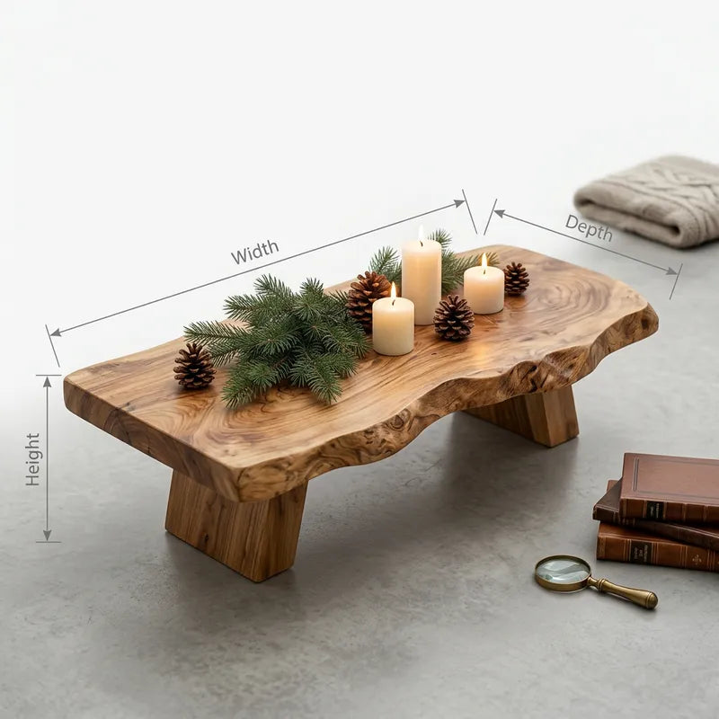 Rustic Live-Edge Solid Wood Low Christmas Coffee Table & Festive Centerpiece