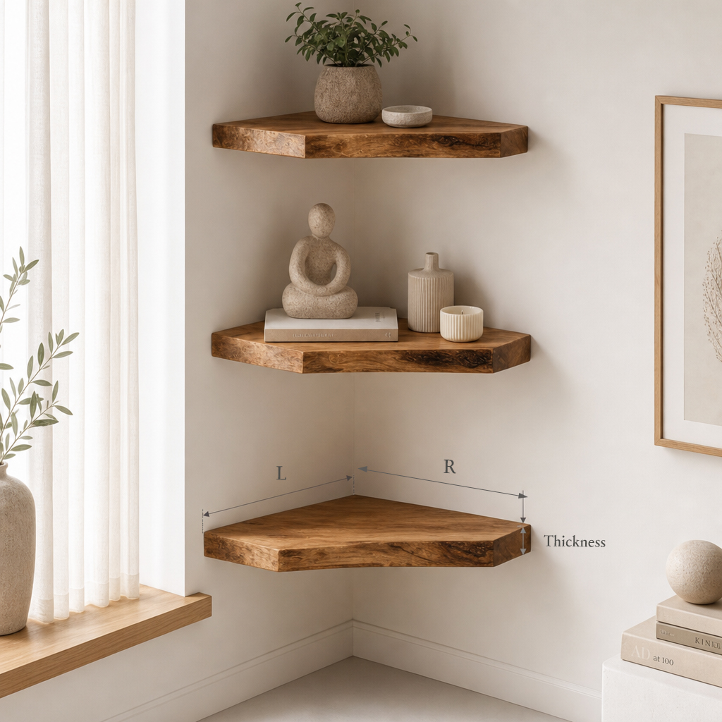 Rustic Live Edge Corner Floating Shelves – Handcrafted Solid Wood Wall Display