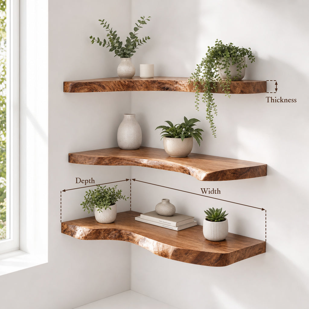 Rustic Live Edge Corner Floating Shelf – Handmade Solid Wood Wall Shelf