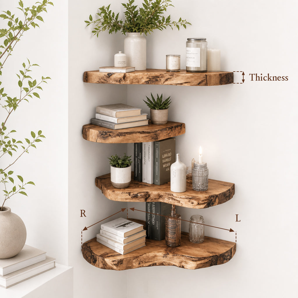 Rustic Live Edge Corner Shelf – Handmade Solid Wood Floating Wall Shelf