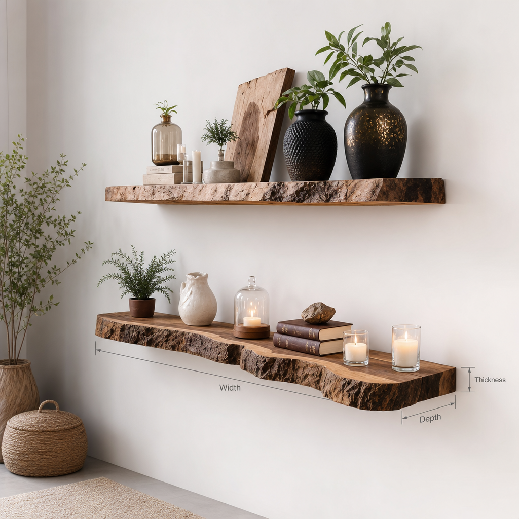 Rustic Live Edge Floating Shelf – Handmade Solid Wood Wall Shelf