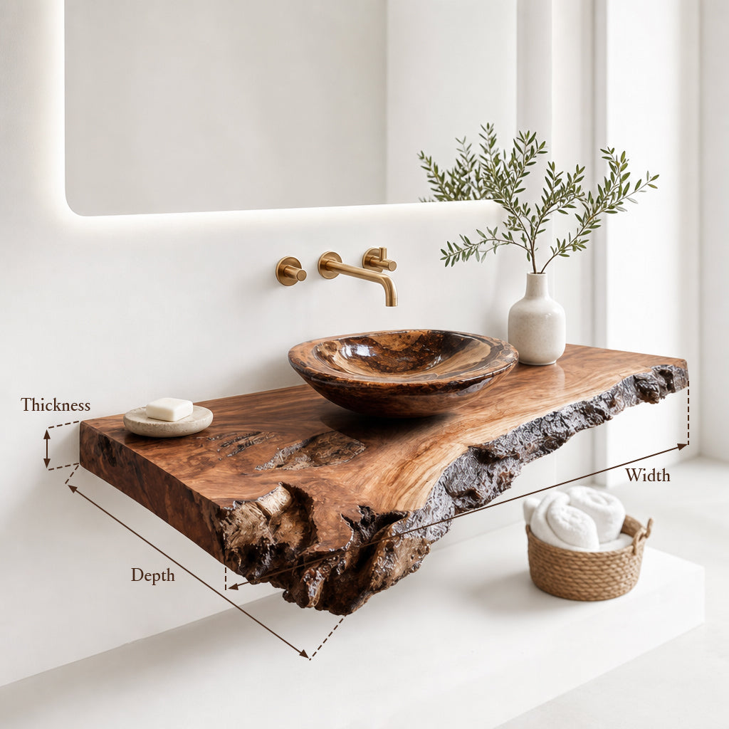 Rustic Live Edge Floating Vanity – Handmade Wooden Bathroom Shelf with Brackets