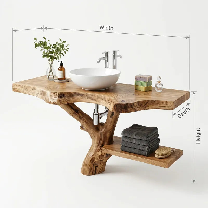 Rustic Live Edge Solid Wood Bathroom Vanity with Hand-Carved Tree Branch Leg