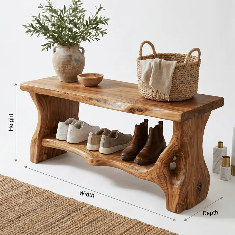 Rustic Live Edge Solid Wood Entryway Shoe Bench with Lower Storage Shelf