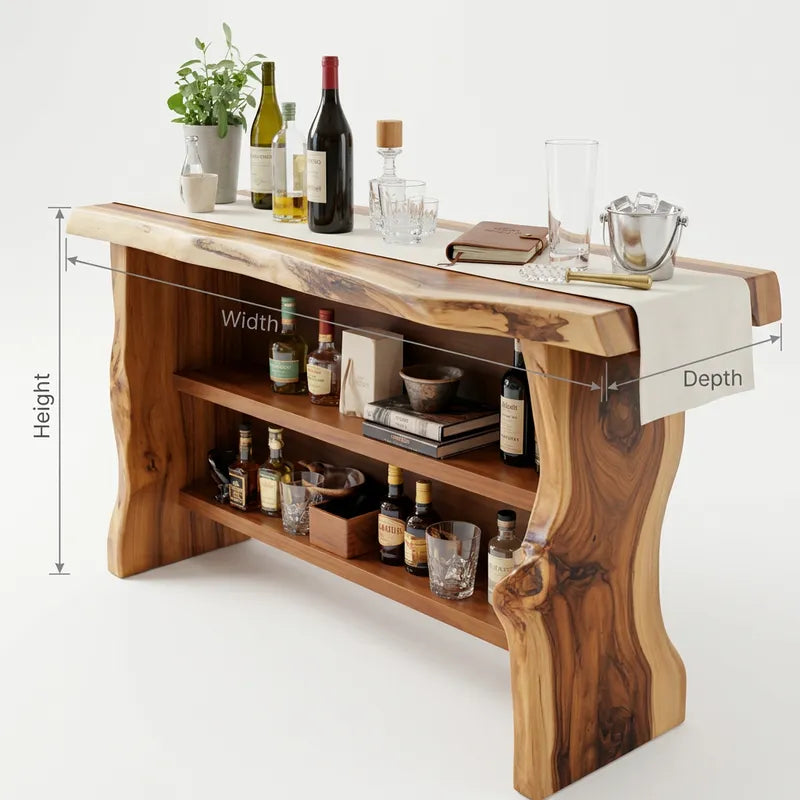 Rustic Live Edge Solid Wood Home Bar Table & Kitchen Island with Storage Shelves