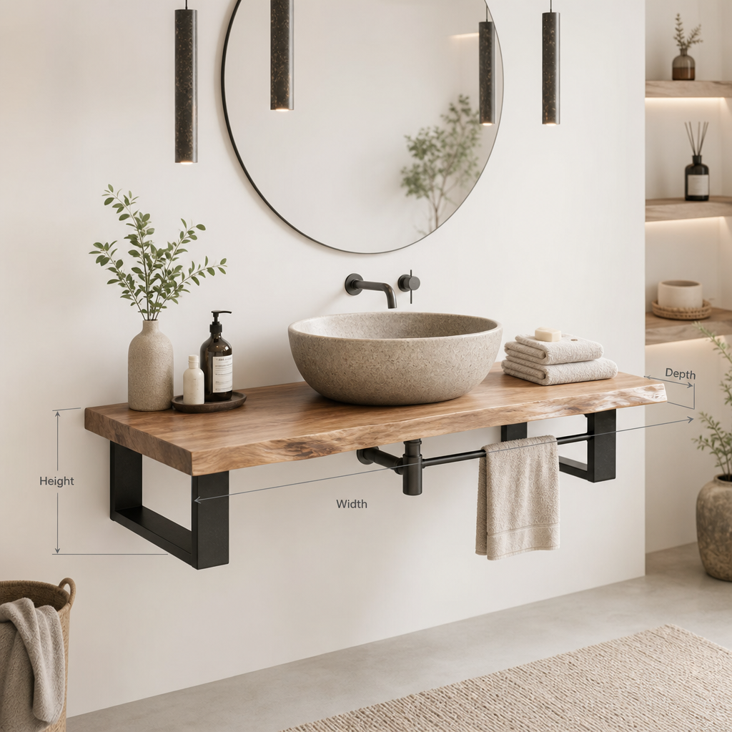 Rustic Live Edge Wood Bathroom Vanity – Floating Solid Wood Sink Countertop