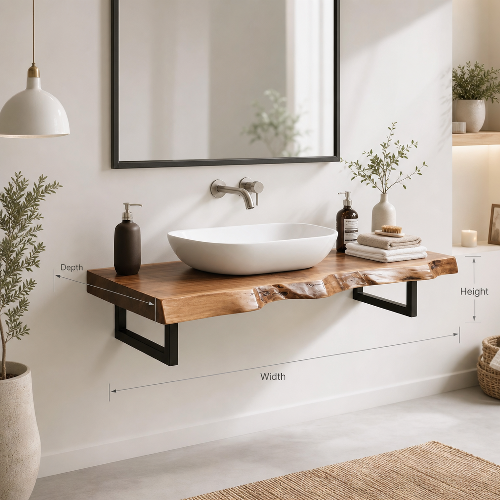 Rustic Live Edge Wooden Bathroom Vanity Shelf with Modern Metal Brackets