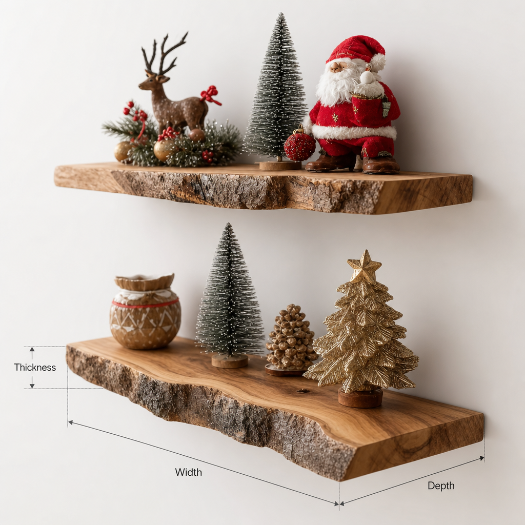 Rustic Live Edge Wooden Floating Shelves – Handmade Solid Wood Wall Shelf for Holiday Decor
