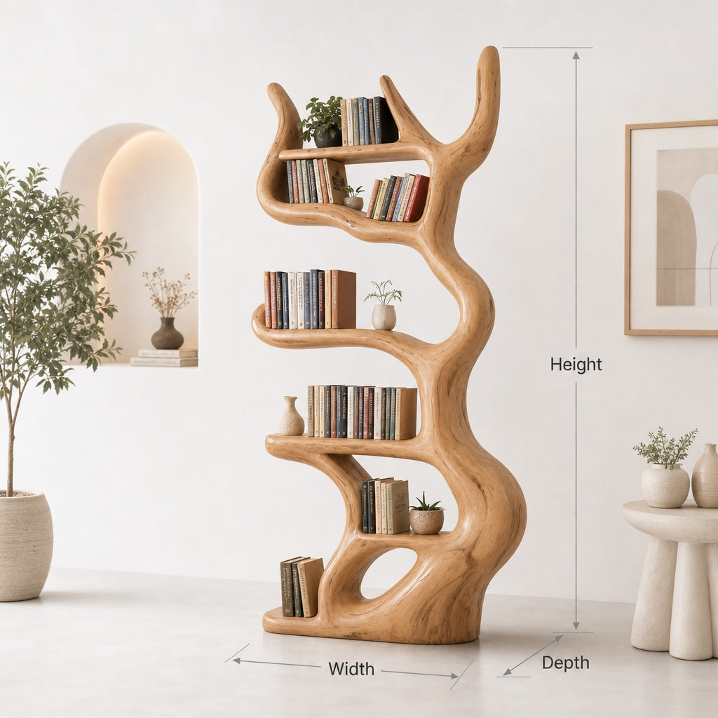 Rustic Live Edge Wooden Tree Bookshelf – Custom Wall Mounted Floating Shelf