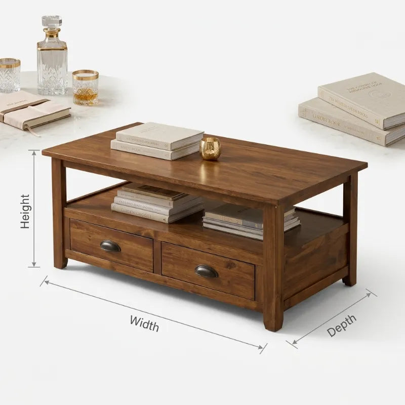 Rustic Living Room Coffee Table with 2 Storage Drawers & Open Shelf