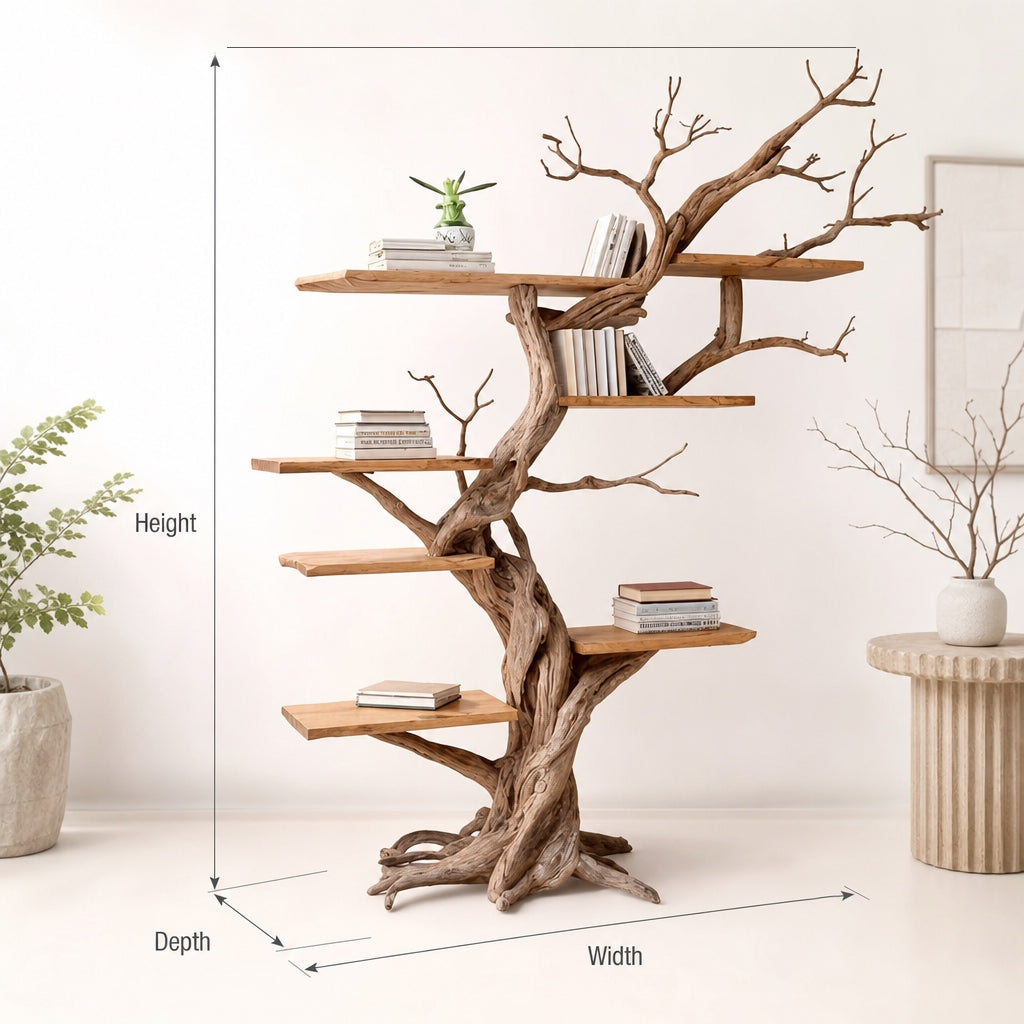 Rustic Mahogany Tree Bookshelf – Tall Wooden Storage Shelves for Living Room Decor