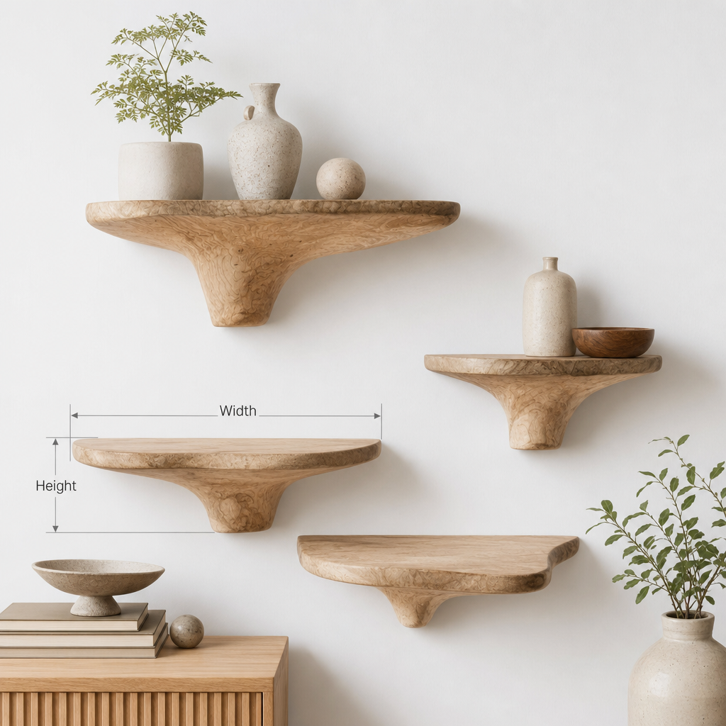 Rustic Mushroom Floating Shelves with Hidden Brackets – Artisanal Wood Home Decor