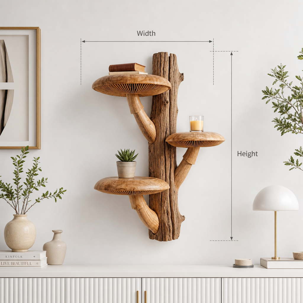 Rustic Mushroom Tree Wall Shelf with 3 Wide Caps and Raw Bark Trunk - Handcrafted Solid Wood, Thick Carved Stems, Handcrafted Solid Wood Floating Shelf for Living Room, Bedroom, Hallway