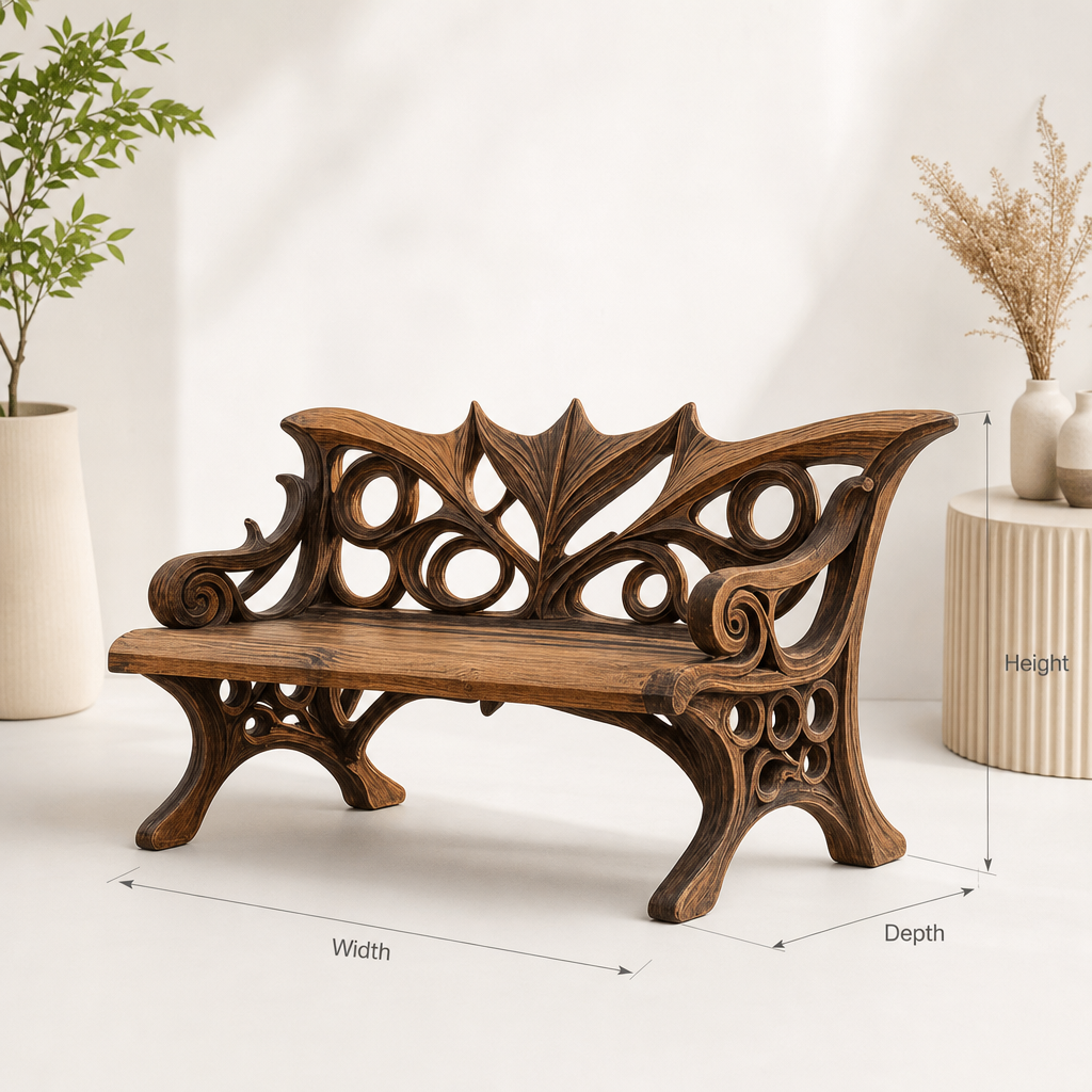 Handcrafted mid-century rustic outdoor bench styled for festive porch seating