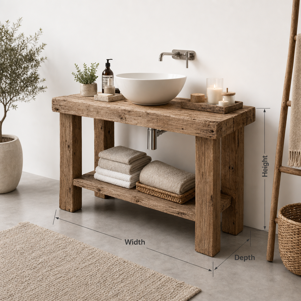 Rustic Reclaimed Wood Bathroom Vanity – Handmade Solid Timber Sink Console with Shelf