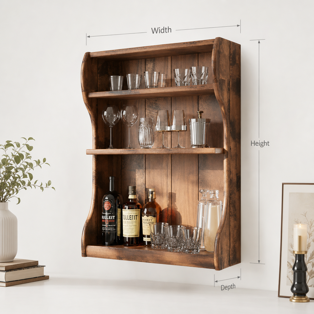 Rustic Solid Wood Bar Wall Shelf – Handcrafted Wall Mounted Bar Cabinet