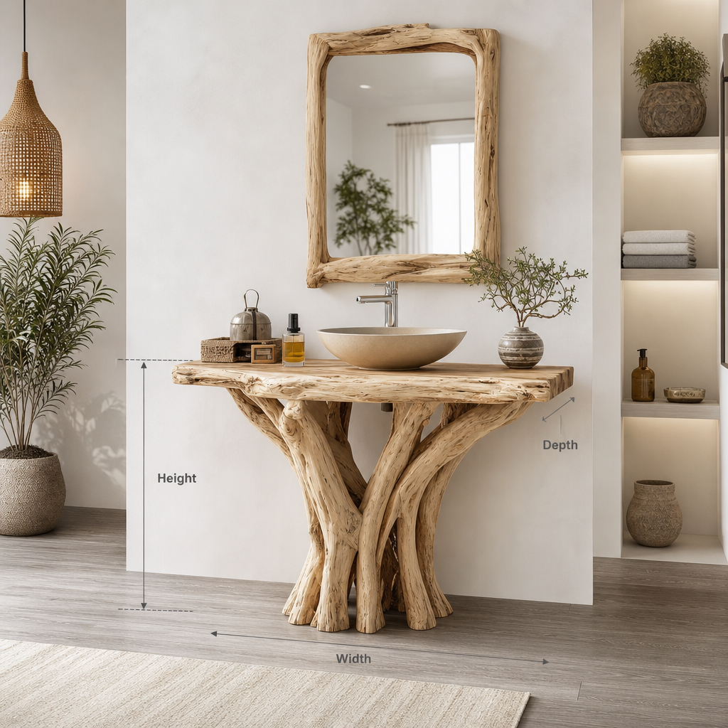 Boho rustic solid wood tree root sink stand setup