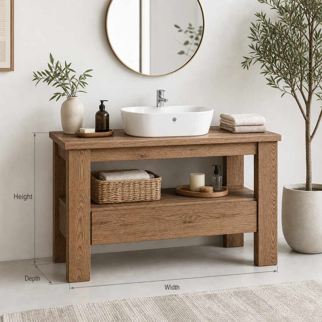 Rustic Solid Wood Bathroom Vanity with Open Storage Shelf